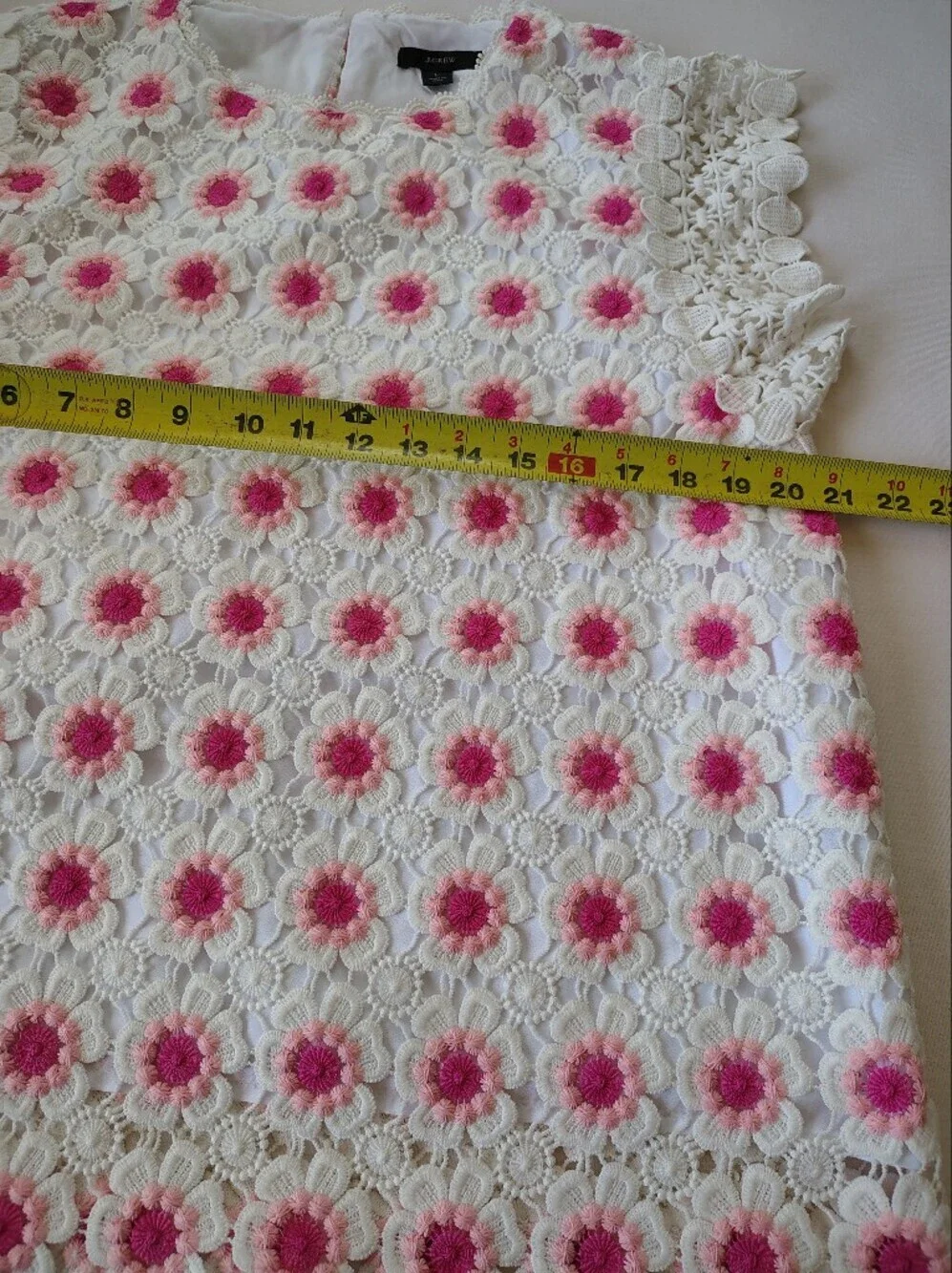 J. Crew Floral Lace Short Sleeve Top in White with Pink Flowers Size L